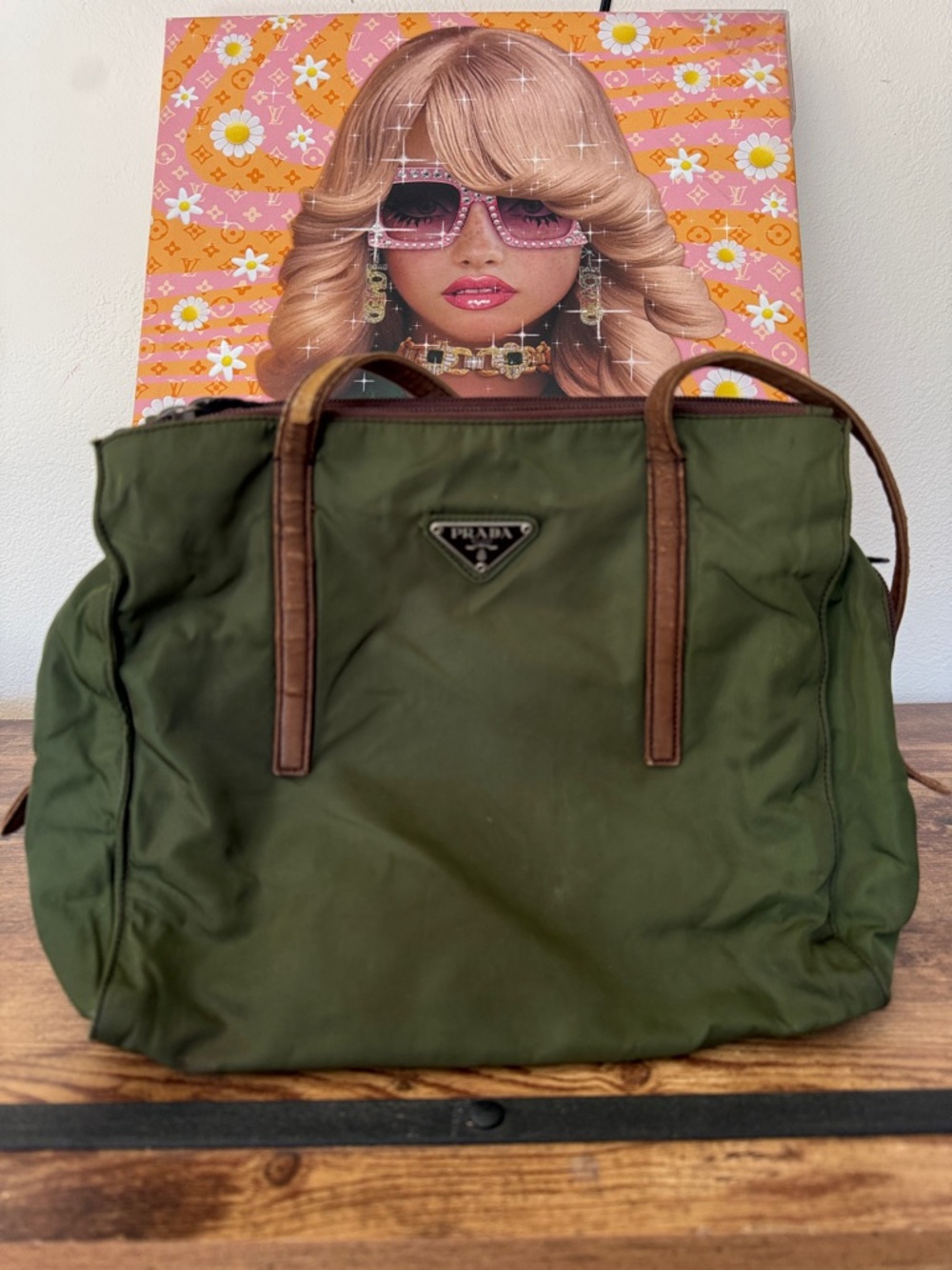 Prada Olive Green Nylon Tote with Brown Leather Trim.